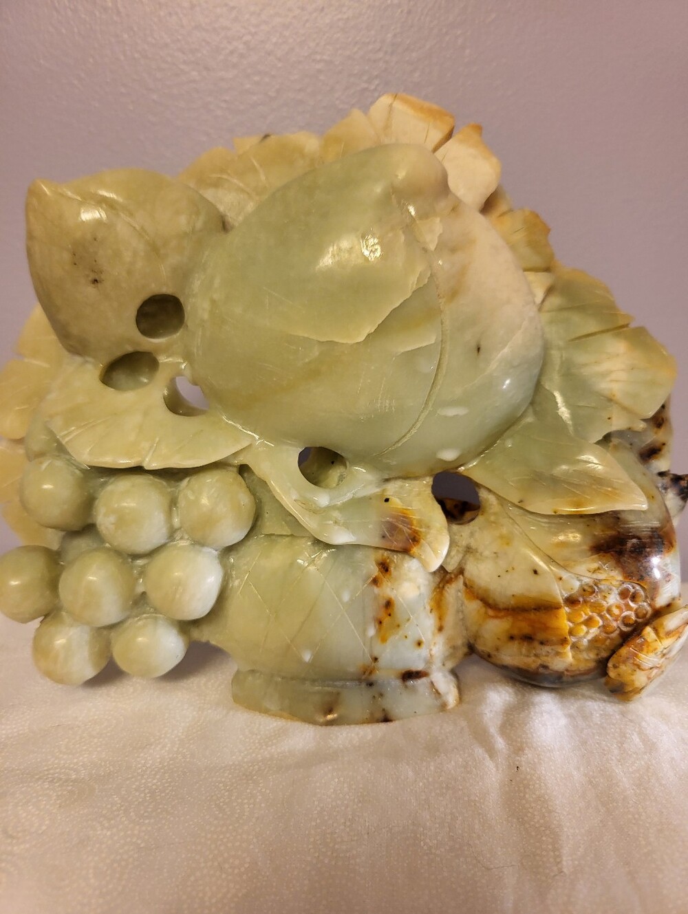 Handcarved Green Jadeite 6.5 x 8 Inch Grapes And Peaches Sculpture Trees On Back